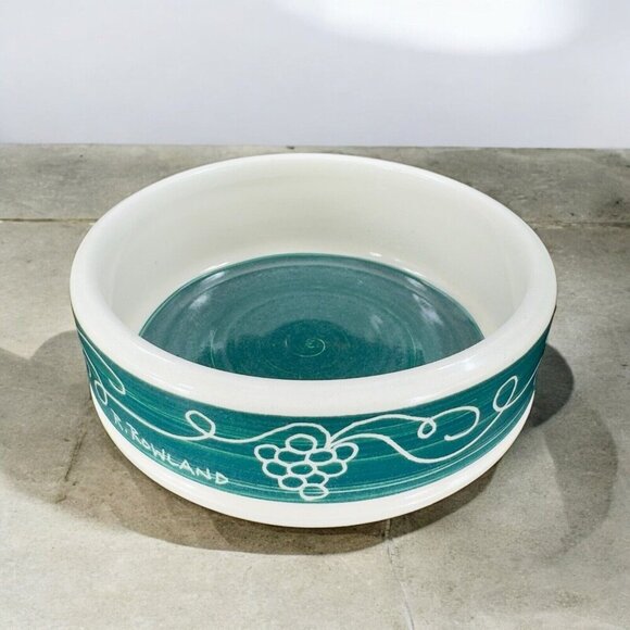 Hand Made Pottery Signed R Rowland Round Dish Bowl Green Pattern Hand Crafted - Picture 1 of 15